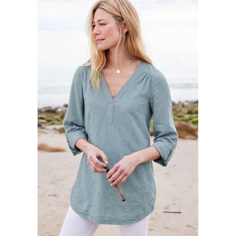 Women's Soft Surroundings Blue Lillith Arona Linen Boho Tunic Embroidered Top PM
